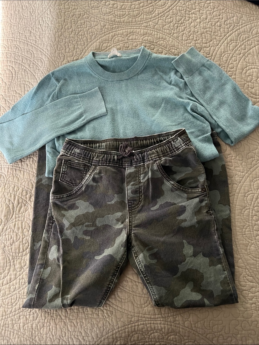 Crewcuts Kids Teal Crewneck Sweater and Cat & Jack Camo Pants